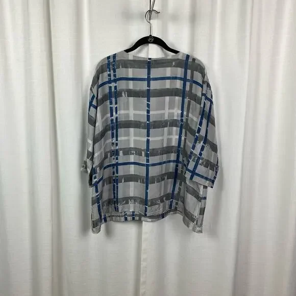 Eileen Fisher Gray&Blue Silk 3/4 Sleeve Boxy Fit Blouse Sz.M - Picture 5 of 8